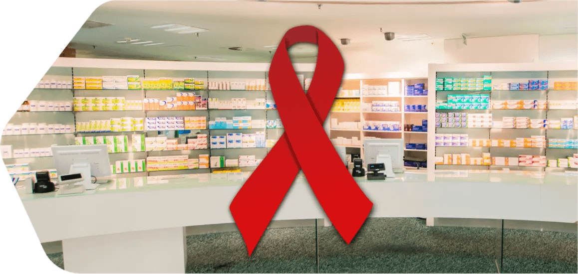 Rote HIV-Solidaritätsschleife im Verkaufsraum von Axels Apotheke